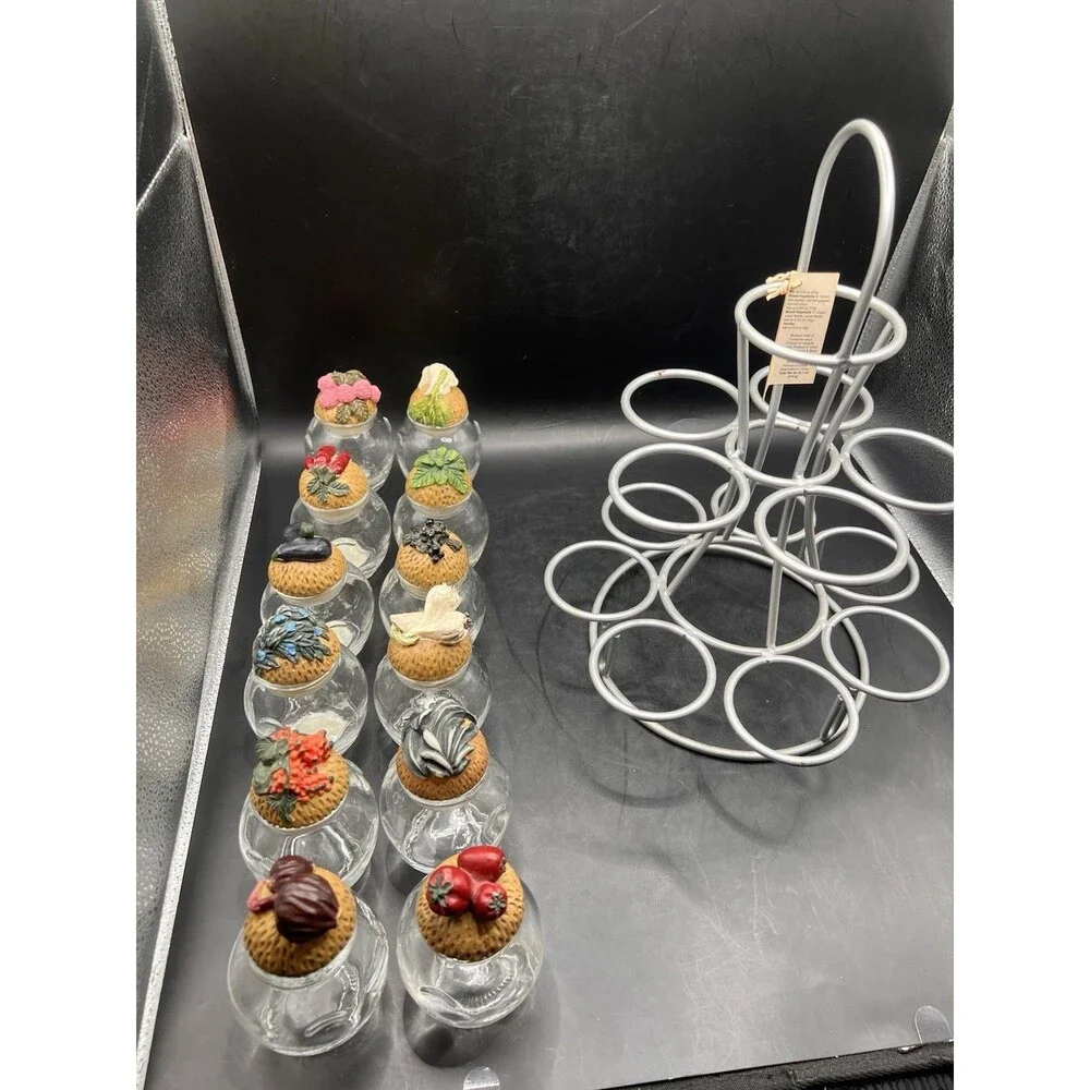 12 Collectible Vintage Shonfeld's Glass Spice Jars with Resin Cork Lids & Stand